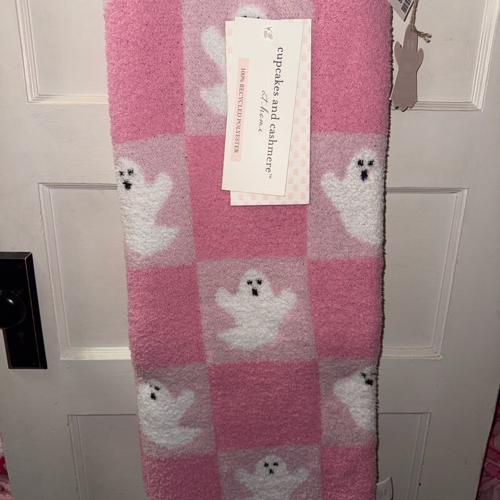 cupcakes & cashmere Pink and White Ghost Throw Blanket